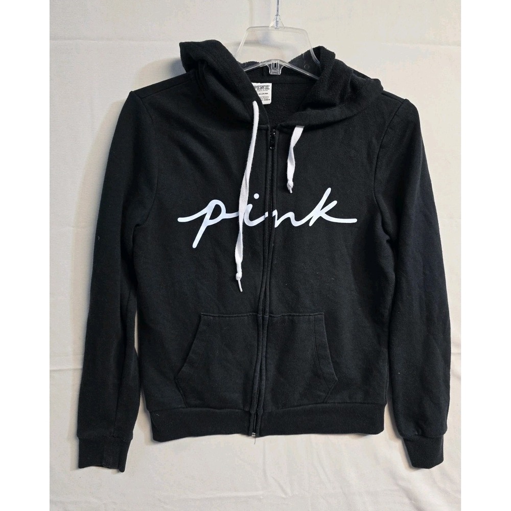 PINK Victoria's Secret Full Zip Hoodie Women's S Black Cotton Blend Logo